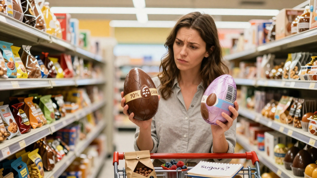 Mulher em supermercado a comparar dois ovos de Páscoa de chocolate, parecendo indecisa.