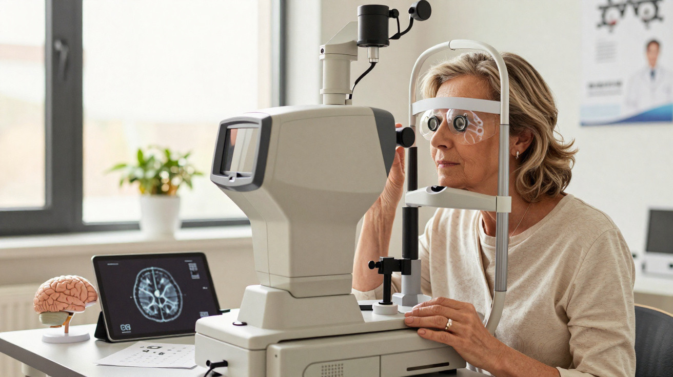 Mulher a realizar exame oftalmológico com equipamento especializado numa clínica médica.