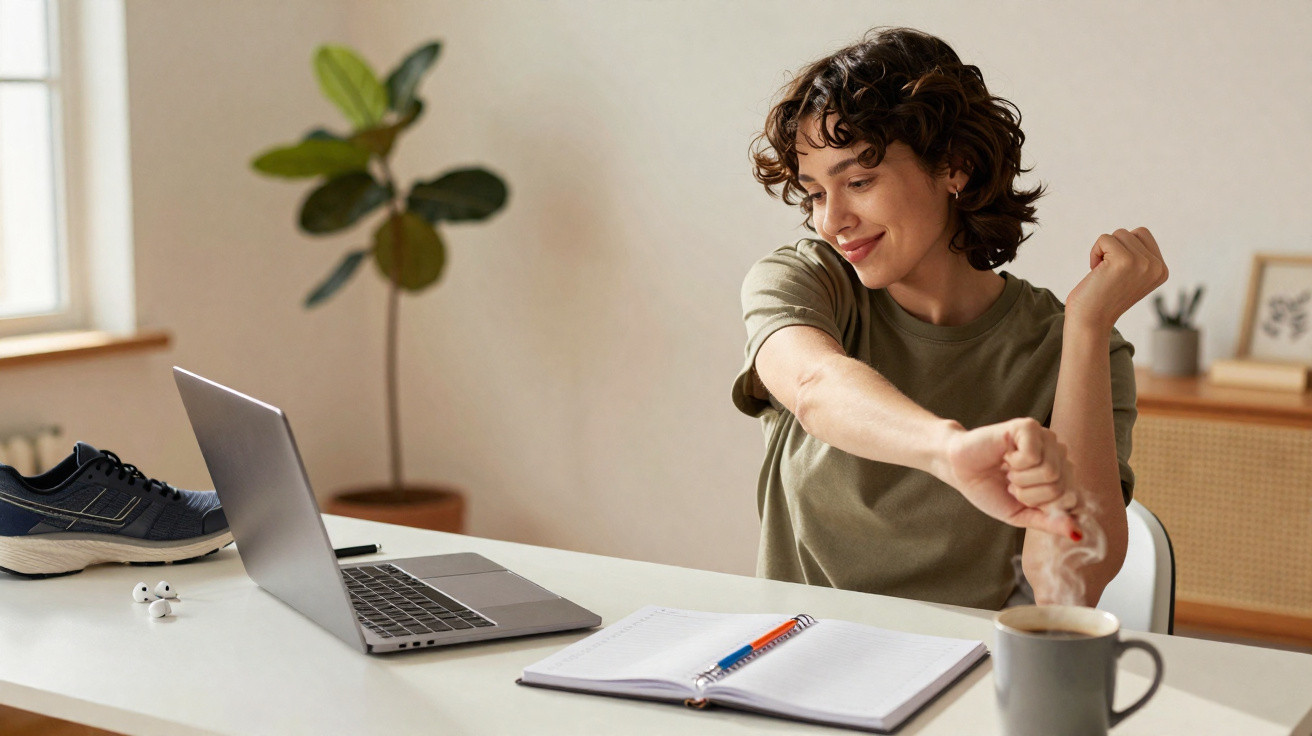 Mulher a alongar os braços sentada à secretária com computador, caderno e chá quente.