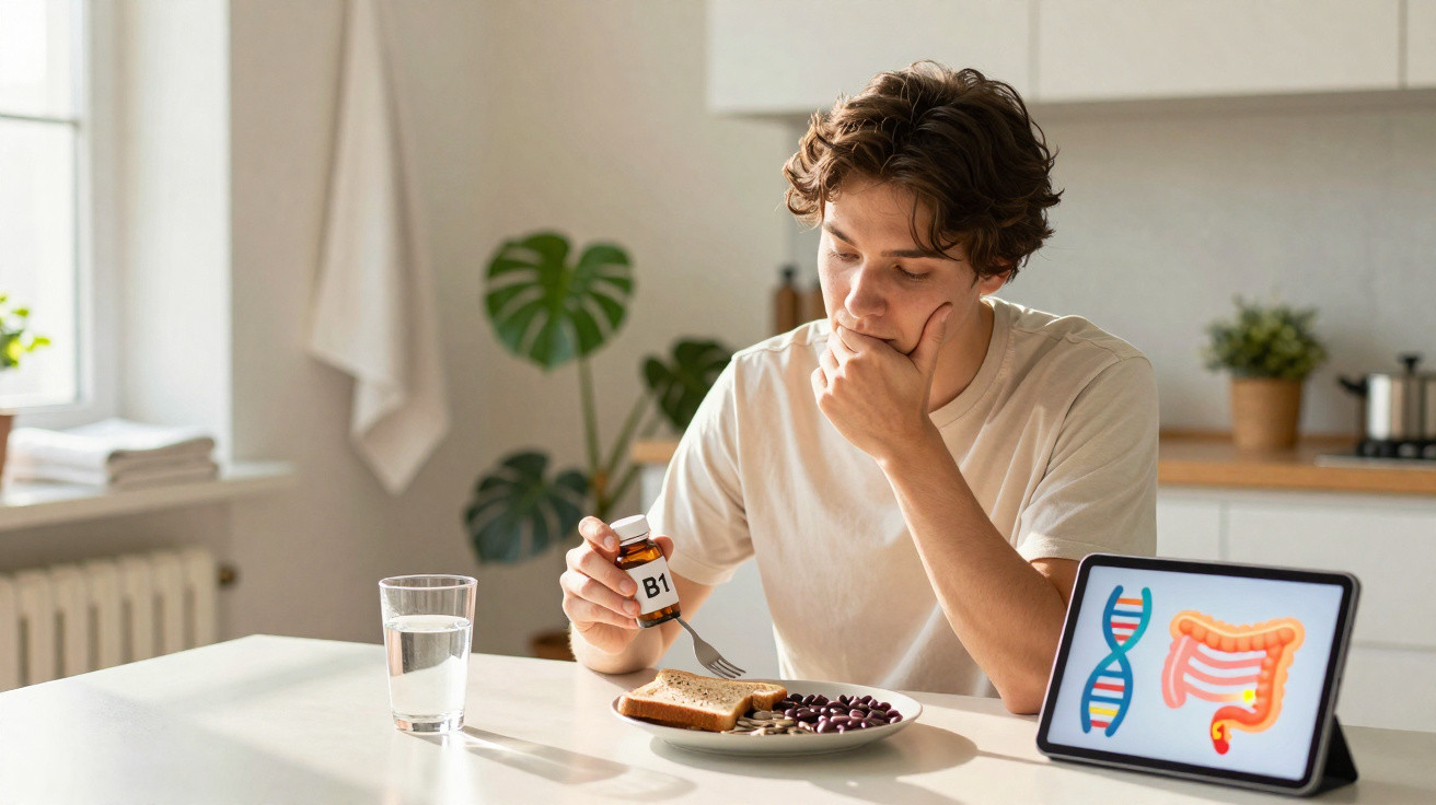 Homem sentado a comer com frascos de suplementos e tablet com imagens médicas na cozinha.