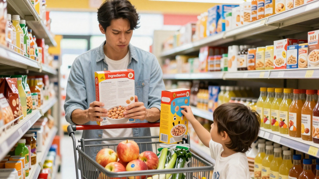 Homem e criança no supermercado com carrinho cheio de frutas e legumes, escolhem cereais nas prateleiras.