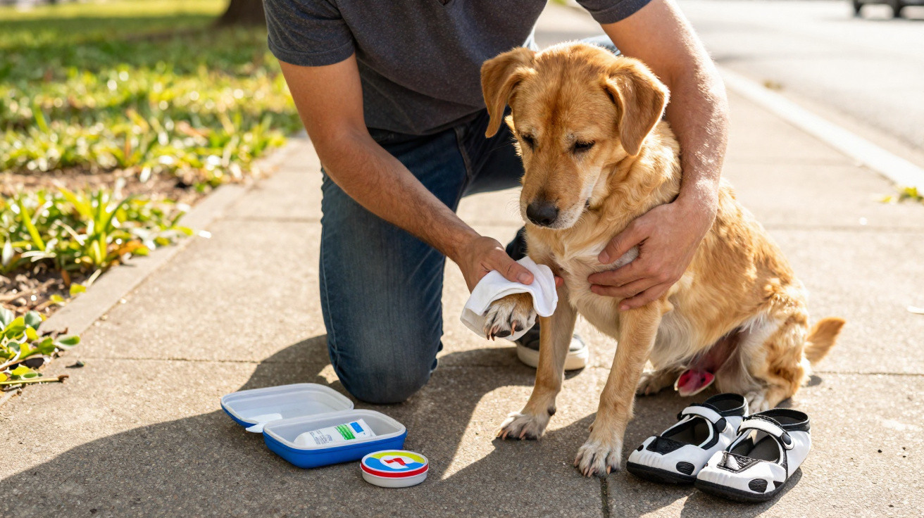 Pessoa limpa a pata de um cão dourado sentado numa calçada perto de sapatos próprios para cães.