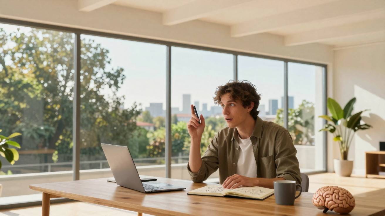 Homem jovem a trabalhar numa mesa com computador, caderno e modelo de cérebro, com vista para cidade.