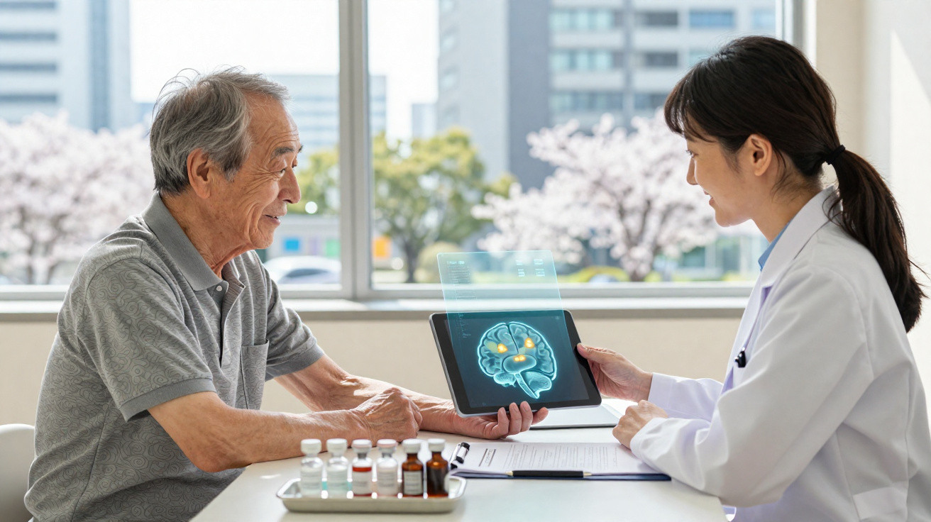 Médica mostra imagem digital do cérebro a idoso durante consulta numa sala com janela e medicamentos na mesa.
