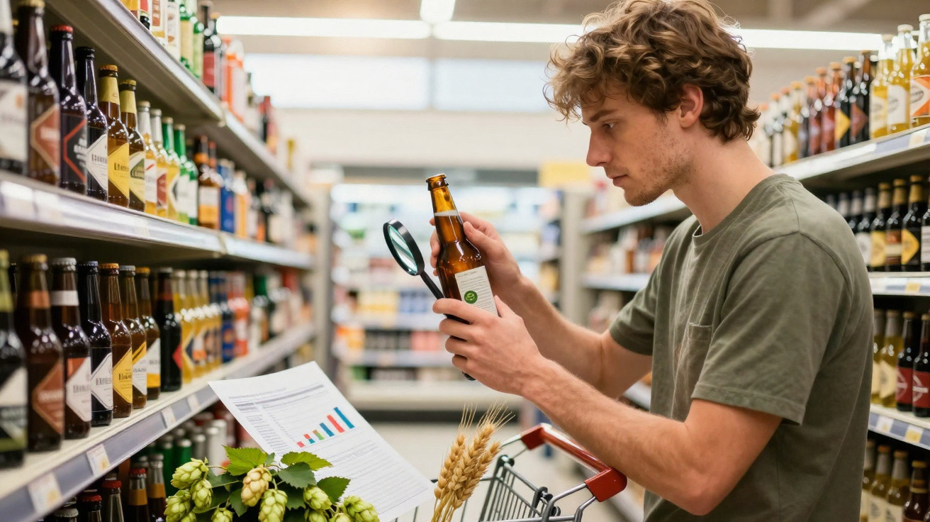 Homem analisa garrafa de cerveja com lupa num supermercado entre prateleiras cheias de bebidas.