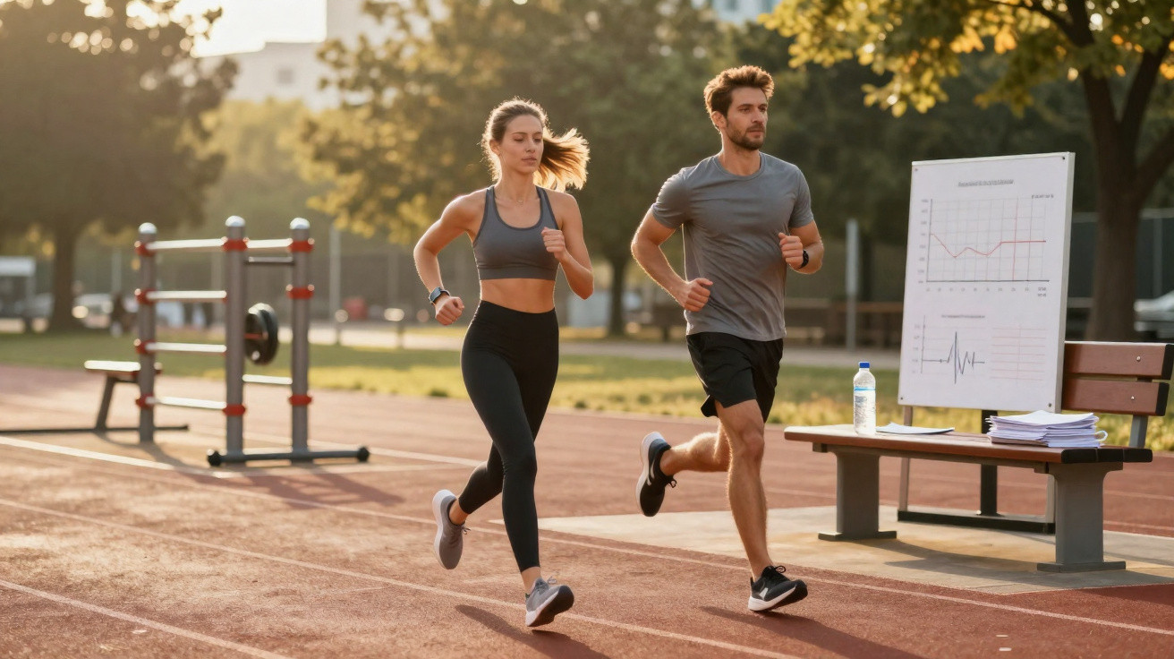 Homem e mulher a correr numa pista de atletismo ao ar livre numa manhã ensolarada.