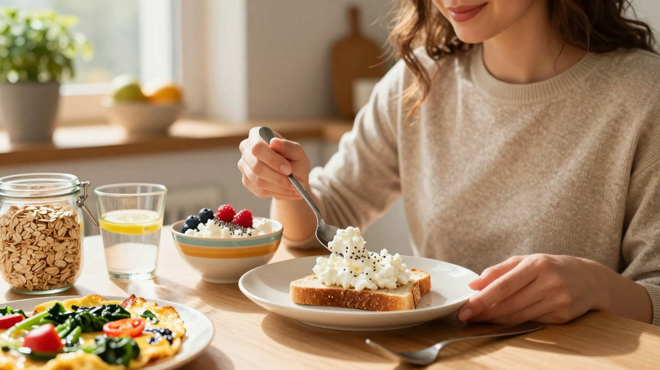 Mulher a preparar torrada com queijo ricota, ao pequeno-almoço, com taça de frutos vermelhos e omelete à mesa.