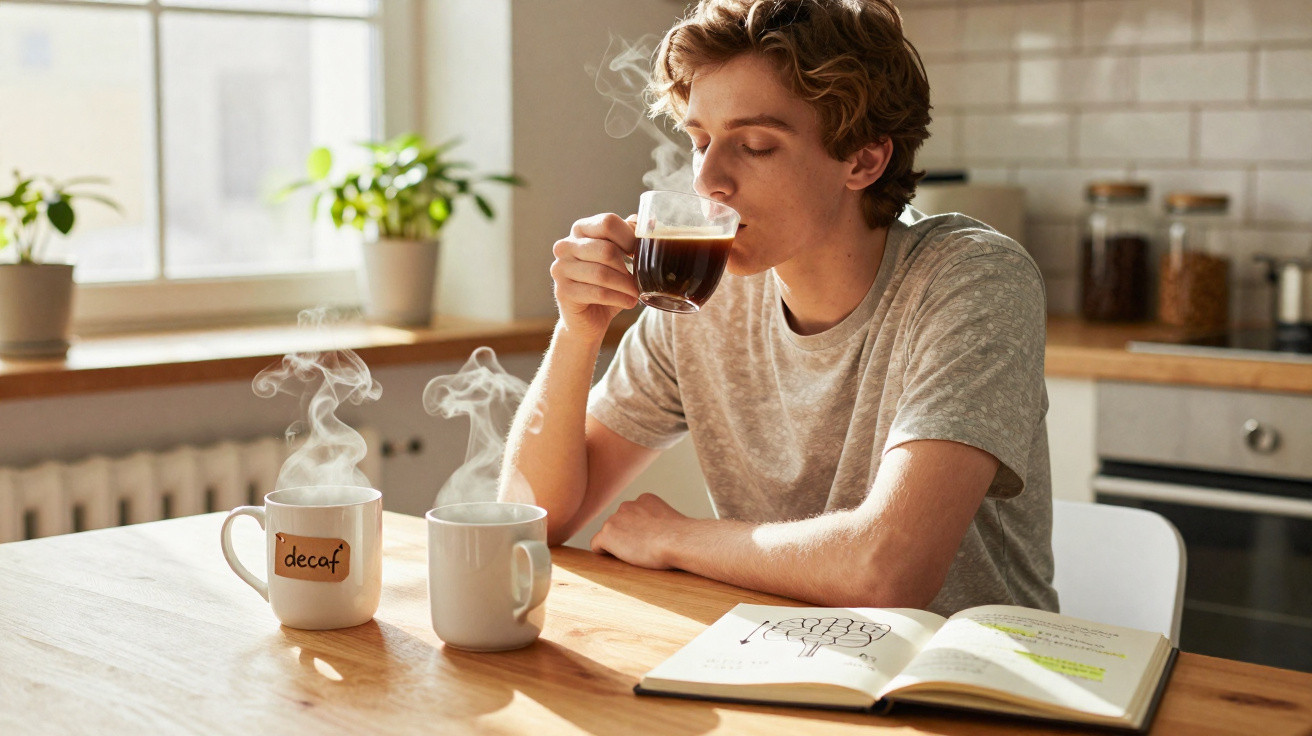 Homem jovem sentado à mesa a beber café quente, com livro aberto e duas chávenas fumegantes.