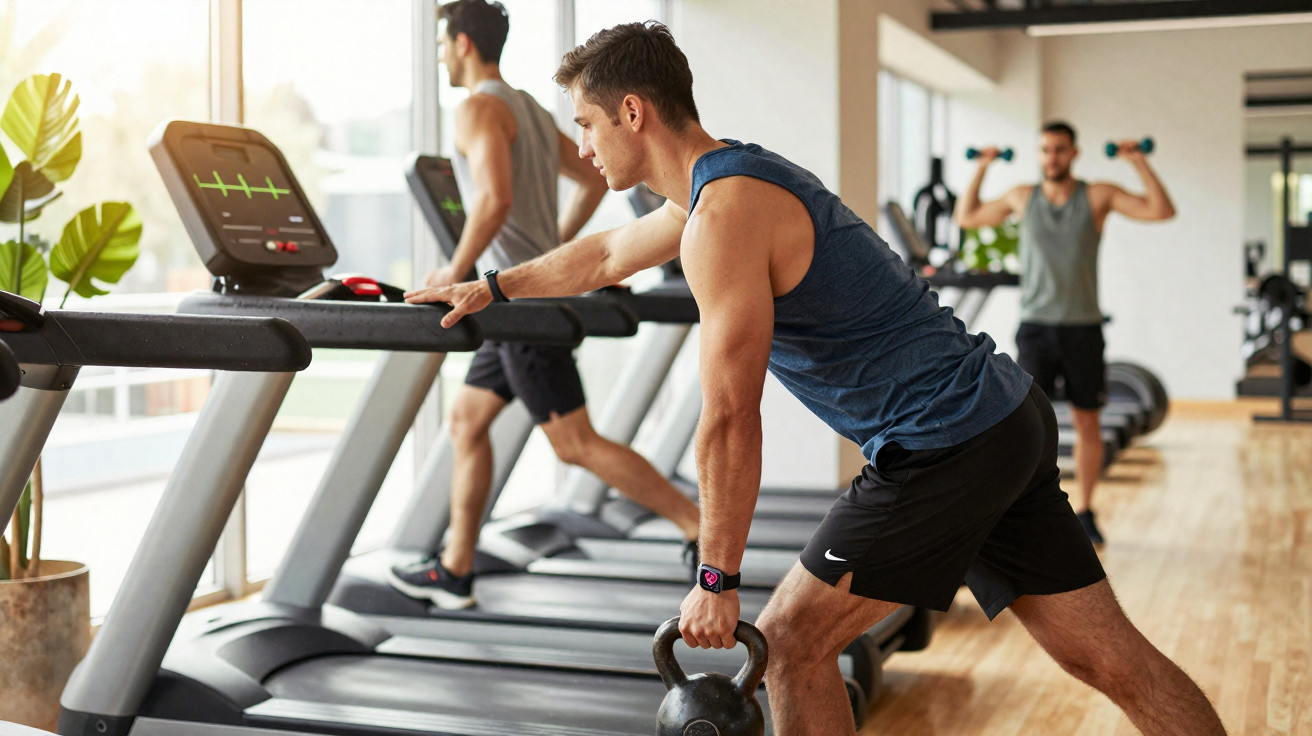 Homem a fazer exercícios com kettlebell numa academia moderna com outros dois homens a usar passadeiras.