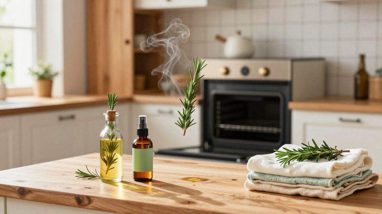 Frascos de óleo essencial e spray com raminho de alecrim, toalhas dobradas e forno ao fundo numa cozinha iluminada.