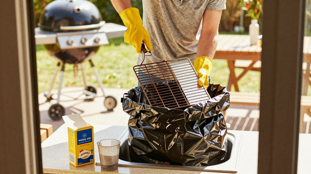 Pessoa a limpar e colocar uma grelha de barbecue usada num saco de lixo preto com luvas amarelas.