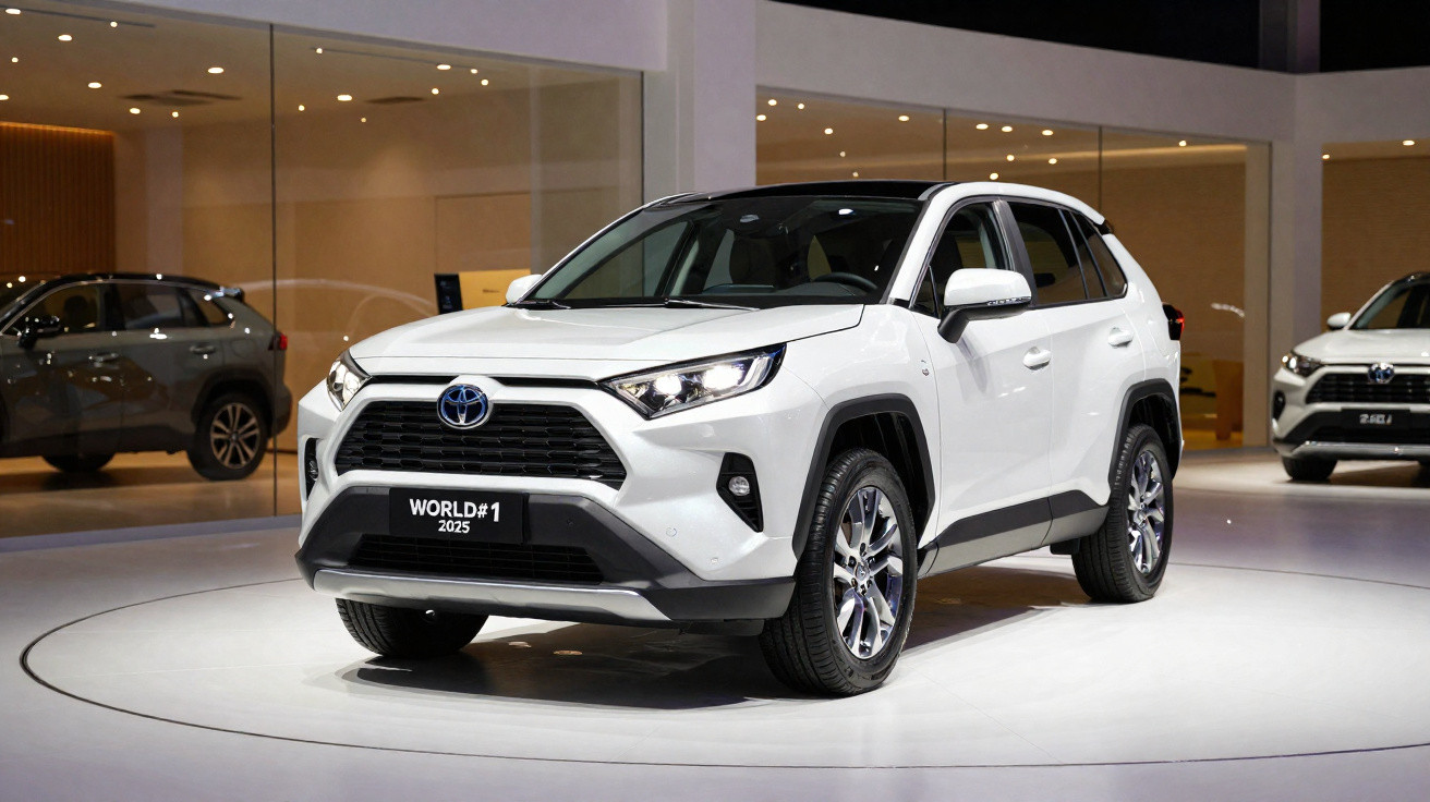 Carro SUV branco da Toyota exposto num salão automóvel com iluminação ambiente moderna.