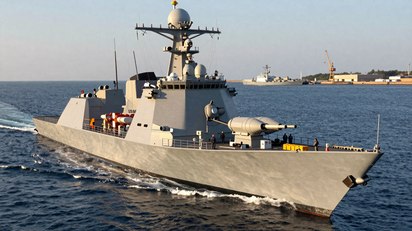 Navio militar cinzento em mar calmo perto da costa com equipamentos de radar e canhão na proa.
