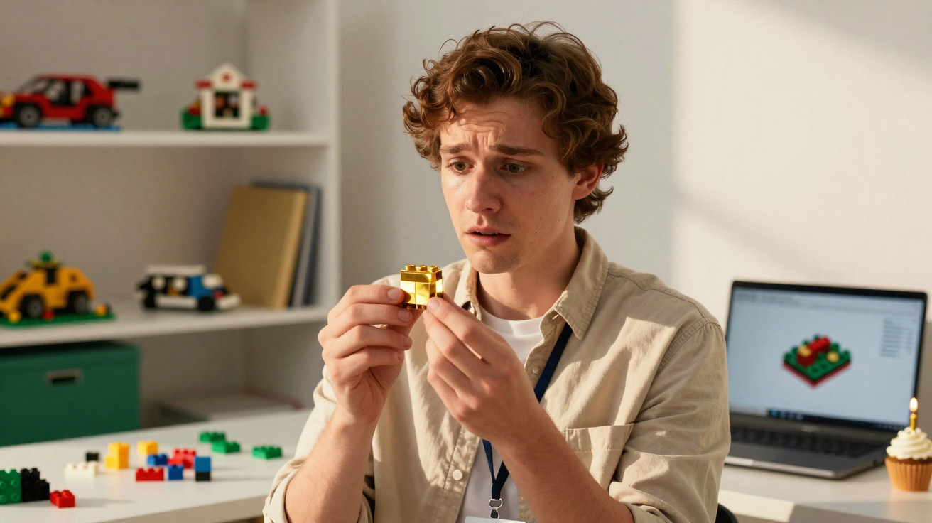 Jovem preocupado a montar peça de Lego dourada, com peças e laptop com imagem de Lego ao fundo.