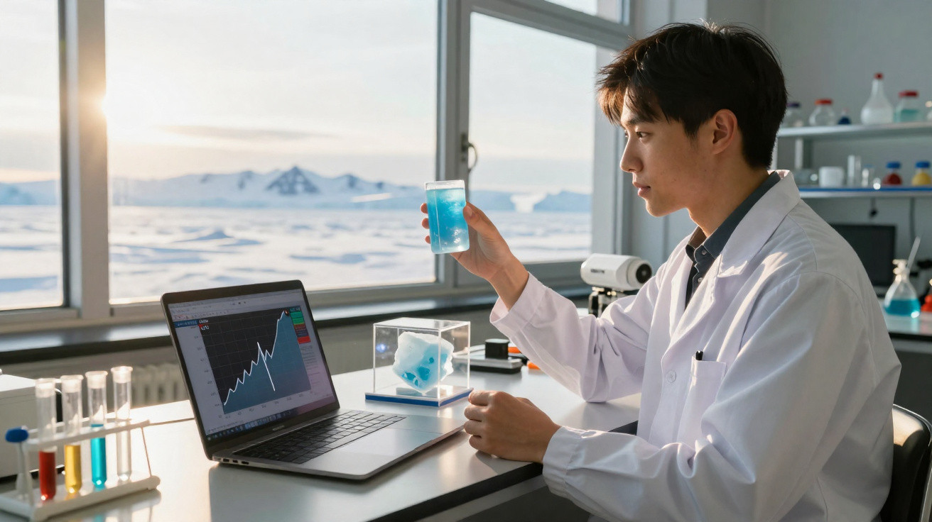Cientista com bata branca analisa líquido azul em frasco num laboratório com vista para paisagem nevada.
