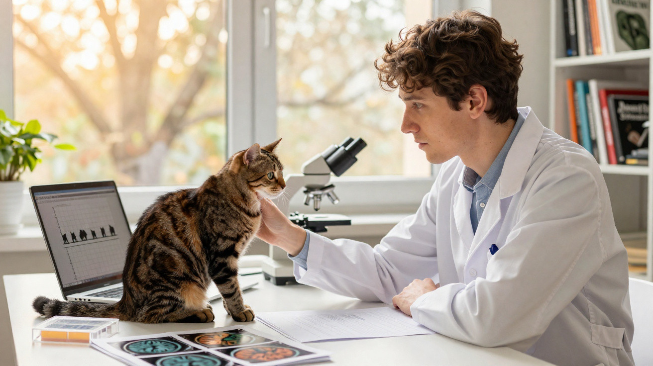 Veterinário a examinar gato num consultório com microscópio e computador ao fundo.