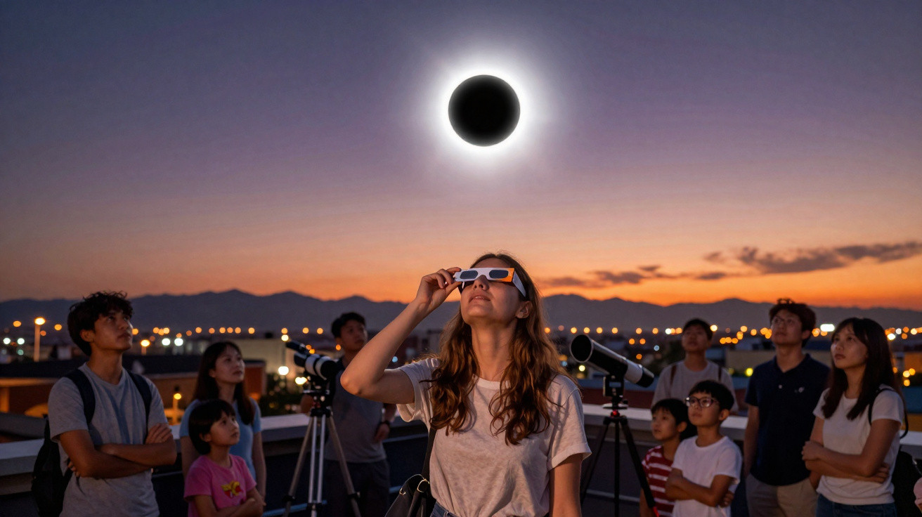 Grupo de pessoas a observar um eclipse solar com óculos especiais ao entardecer numa cidade.