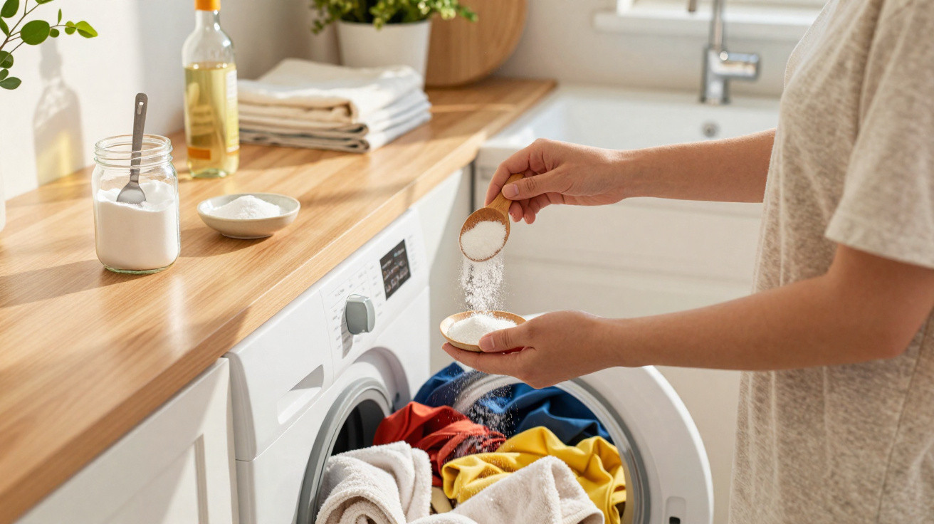 Pessoa a colocar detergente em pó numa máquina de lavar roupa cheia de roupa colorida.