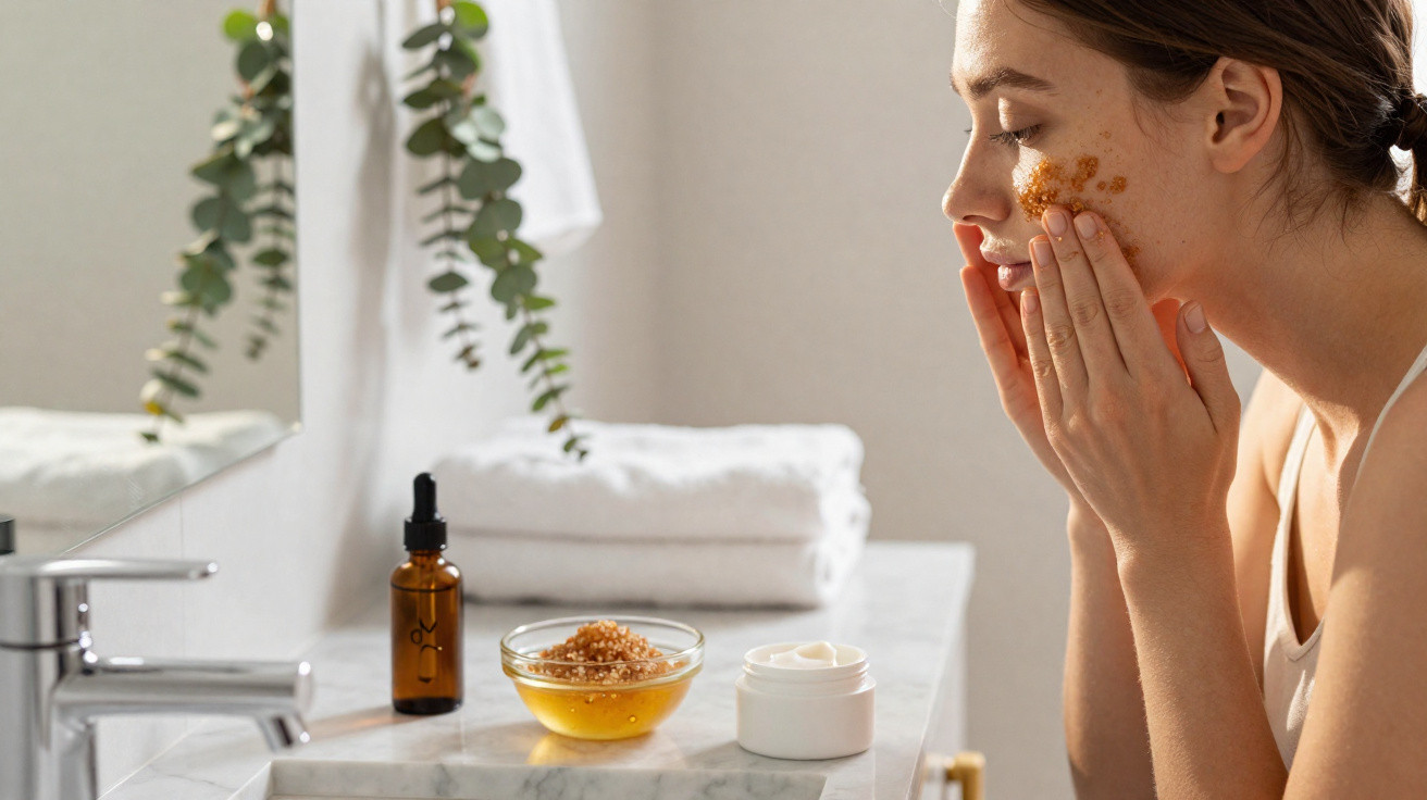 Mulher aplica esfoliante facial natural junto a produtos de cuidados de pele no lavatório branco.