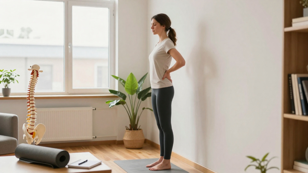 Mulher em roupa desportiva a fazer alongamento em tapete de yoga numa sala iluminada com planta e modelo de coluna.