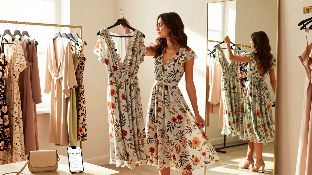 Mulher a experimentar vestido floral midi com folhos, rodeada de roupa num quarto iluminado.