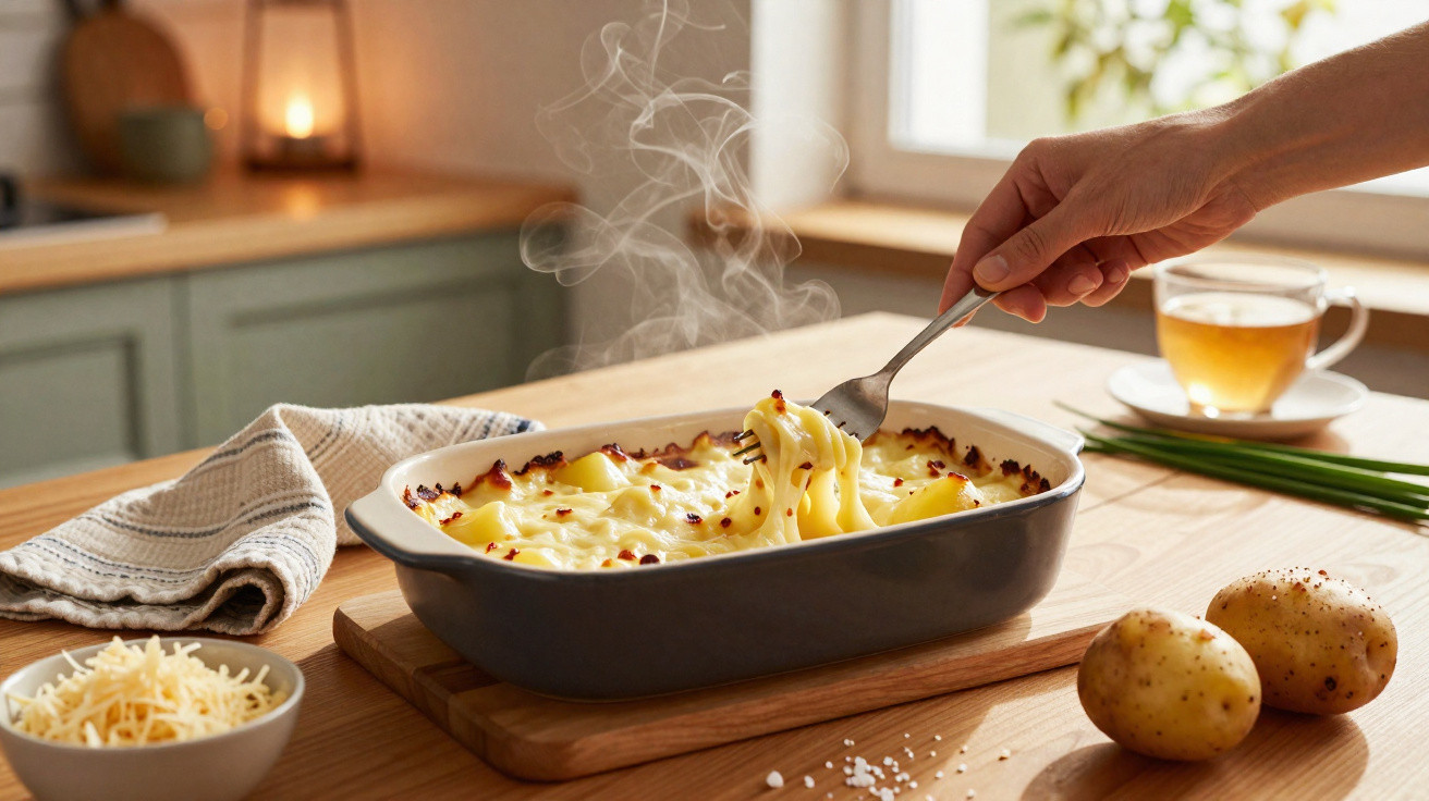 Prato de batatas gratinadas a sair do forno com uma mão a pegar uma porção com um garfo.