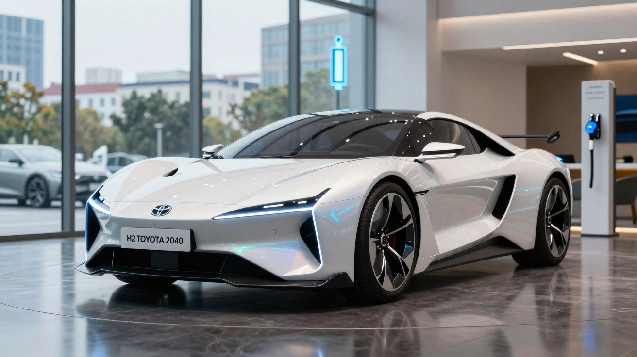 Carro desportivo branco Toyota H2 2040 futurista exposto numa sala moderna com carregador elétrico.