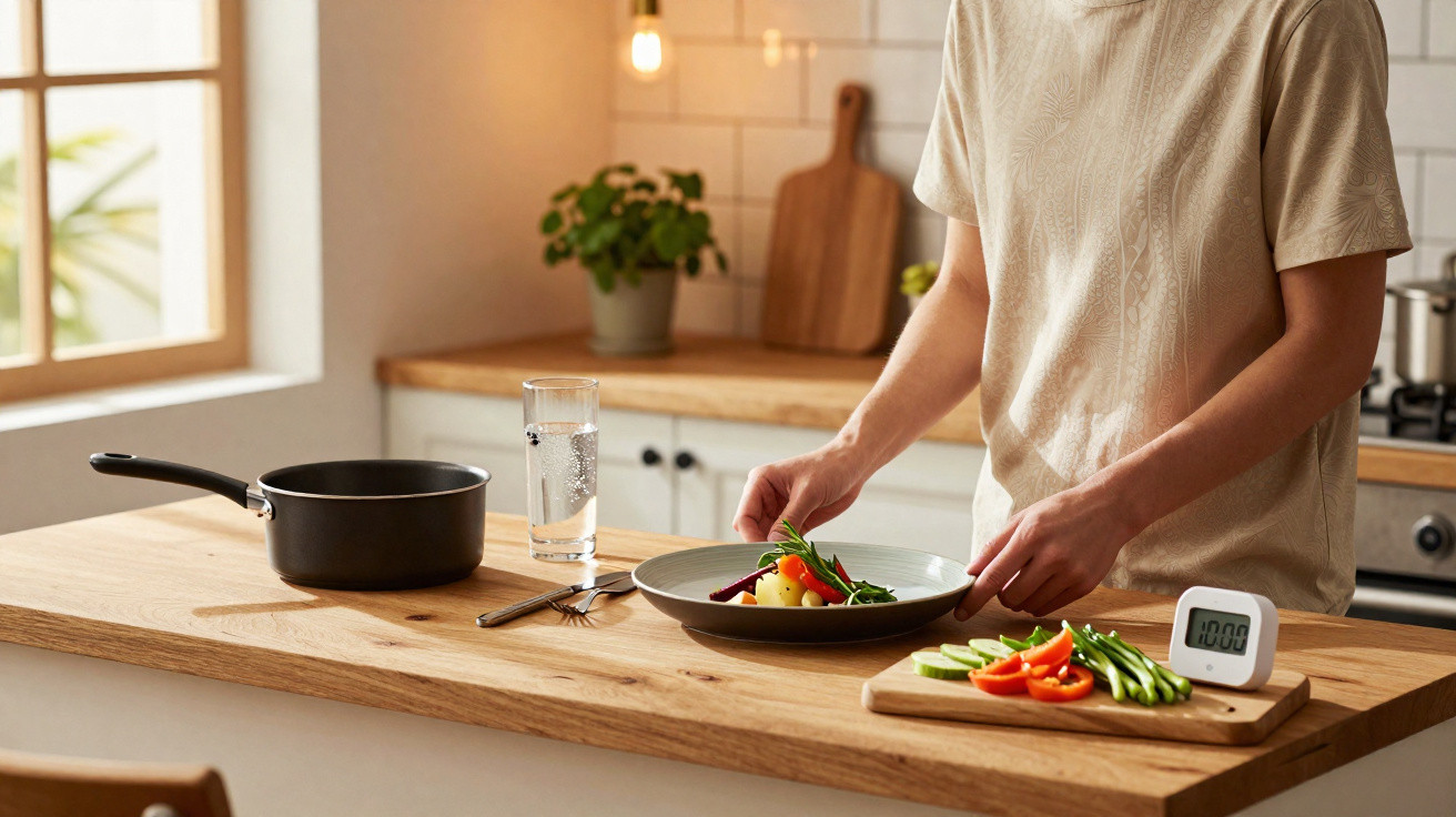 Pessoa a preparar uma refeição saudável numa cozinha moderna com legumes frescos e temporizador digital.