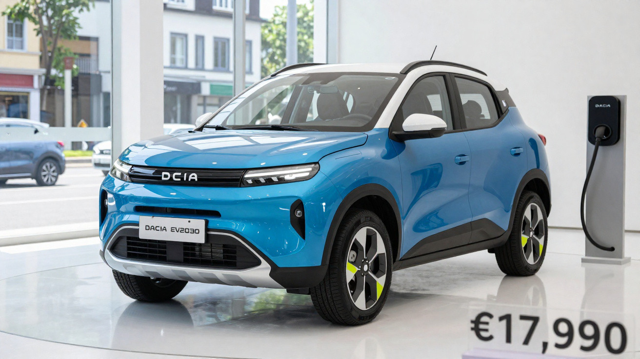 Carro elétrico azul Dacia Spring EV 2030 em exposição com preço visível de 17.990 euros.