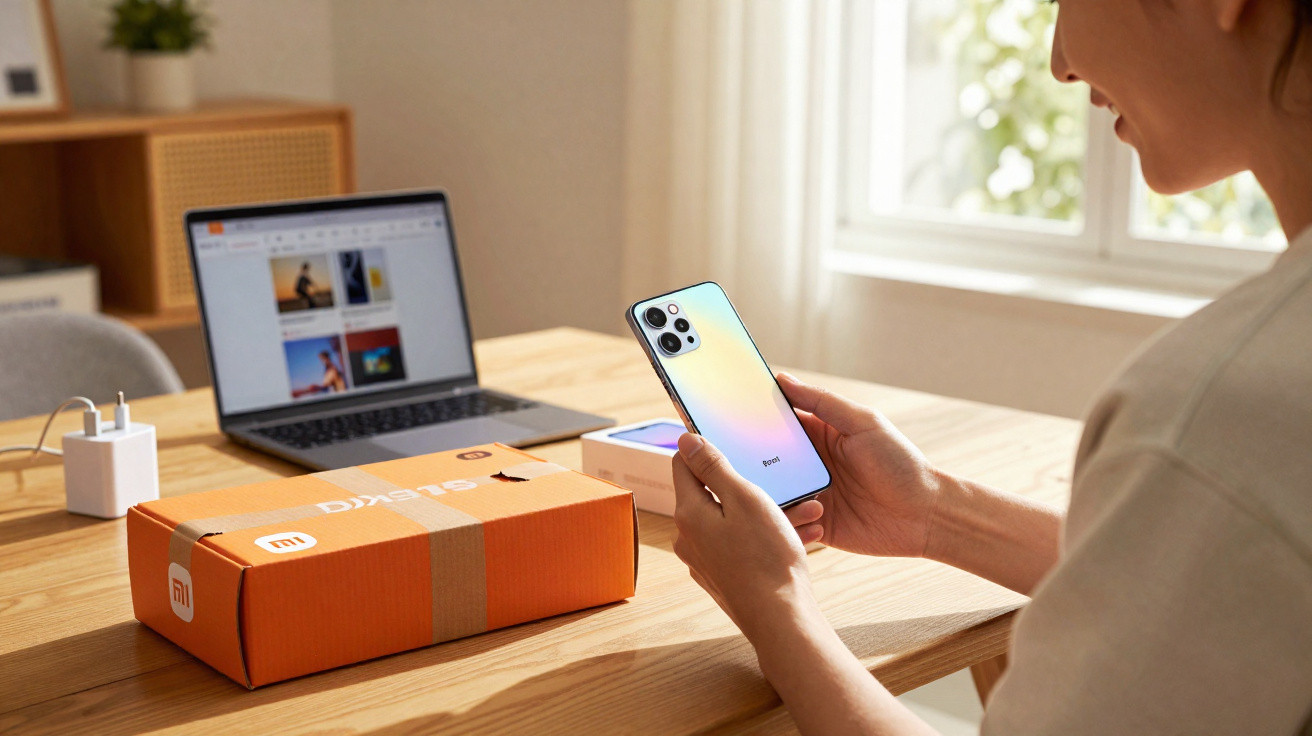 Pessoa a segurar um smartphone Xiaomi prateado numa mesa com embalagem e portátil aberto ao fundo.