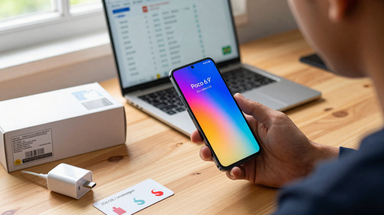 Pessoa segura smartphone Poco 6 Pro junto a carregador USB-C, cartão SIM e computador portátil num ambiente de trabalho.