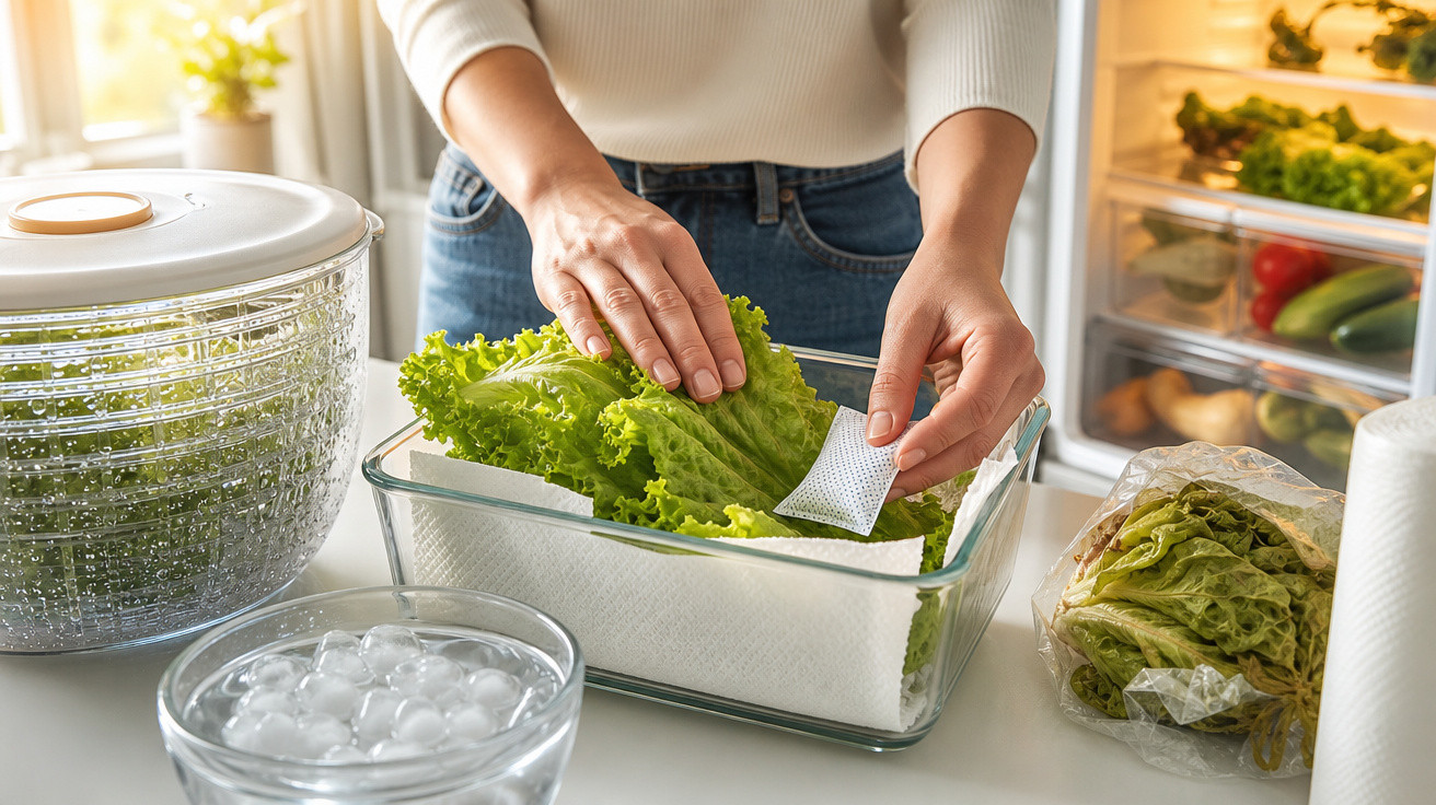 Pessoa a guardar folhas de alface num recipiente com papel absorvente, junto de vegetais e cubos de gelo.