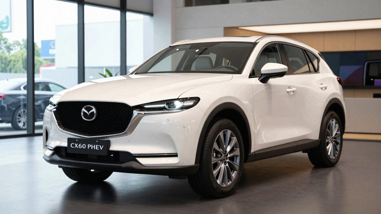 Carro Mazda CX60 PHEV branco exposto numa sala de showroom moderna.