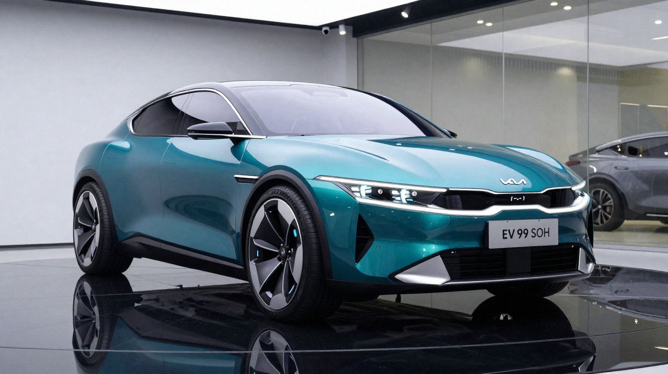 Carro elétrico desportivo azul exibido em ambiente moderno e iluminado com piso reflector.