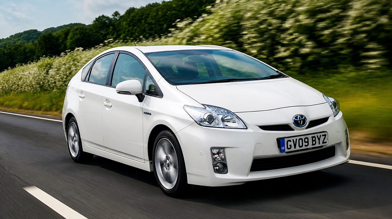 Carro híbrido Toyota Prius branco a circular numa estrada rodeada por vegetação verde.