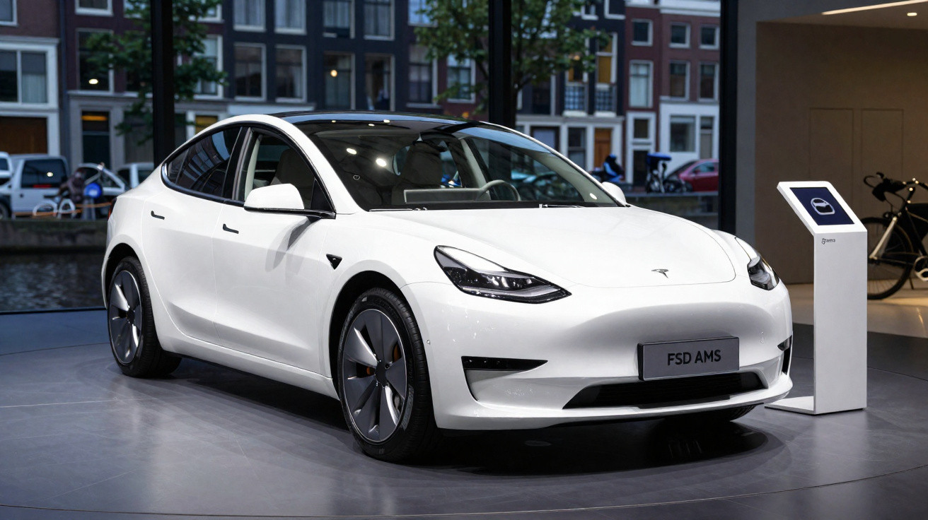Carro elétrico Tesla branco em exposição num salão moderno, com janelas amplas e bicicletas ao fundo.