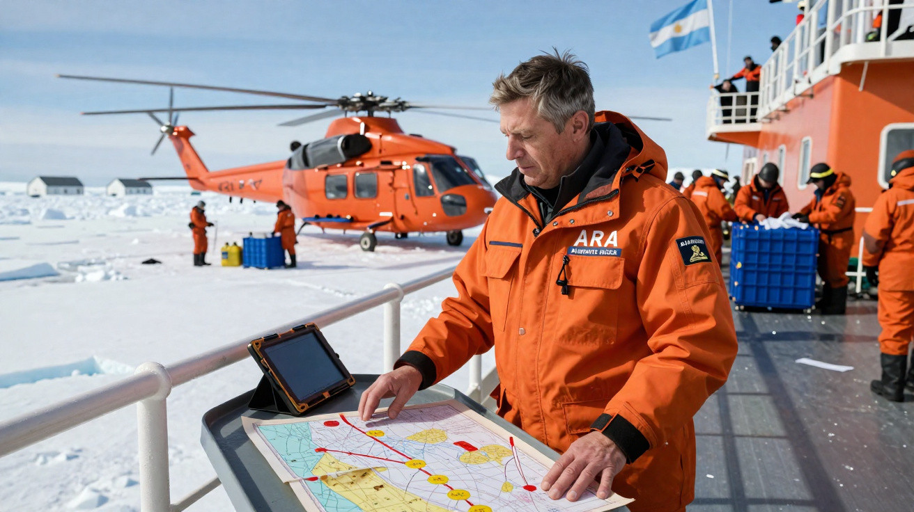 Homem em roupa laranja consulta mapa num navio com helicóptero e gelo no fundo na expedição polar.