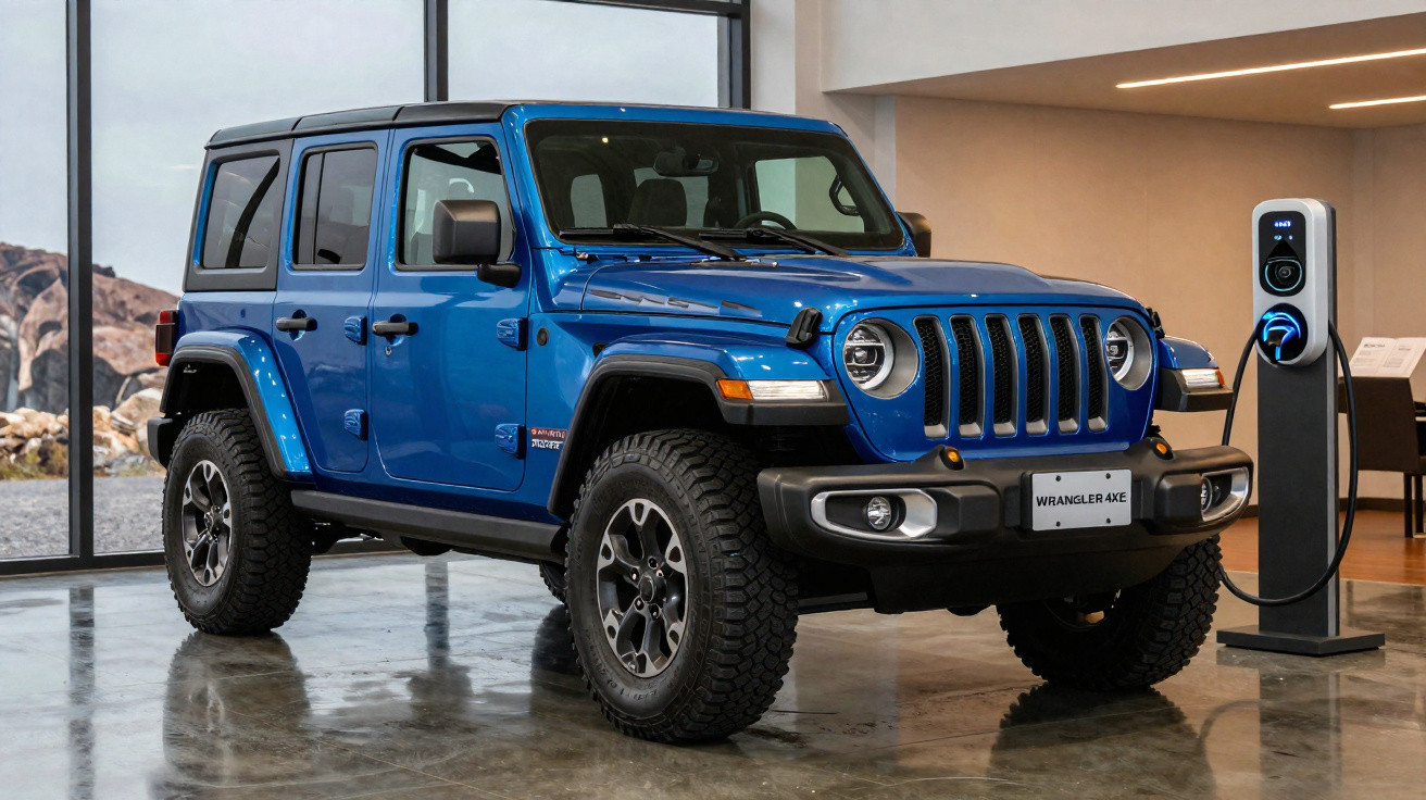 Jeep Wrangler 4xE azul estacionado em carregador elétrico dentro de edifício moderno com grandes janelas.