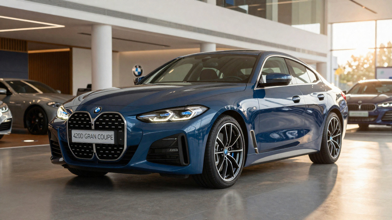Carro BMW 420d Gran Coupe azul estacionado dentro de concessionário moderno com luz natural.