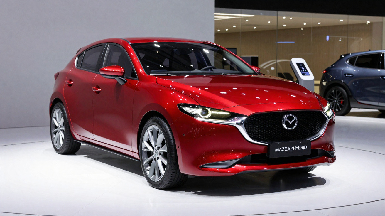 Carro Mazda 2 híbrido de cor vermelha exposto em salão automóvel com fundo neutro.