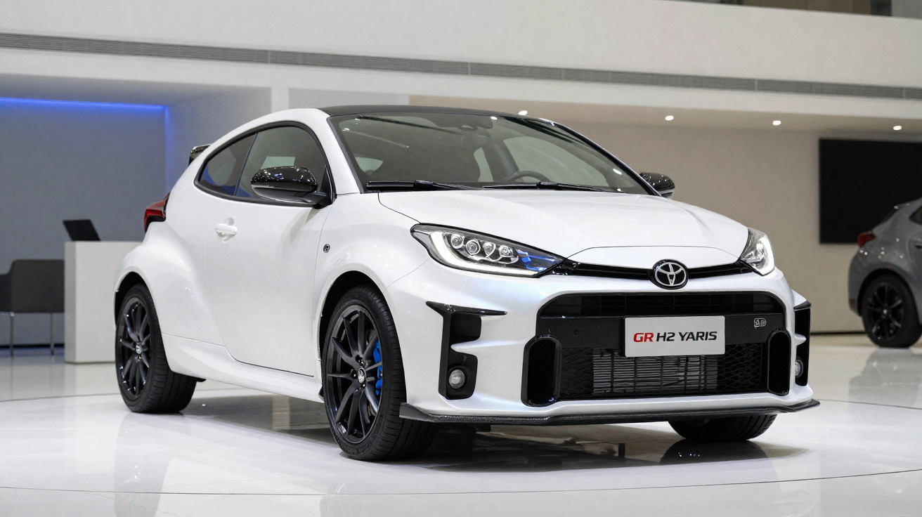 Toyota GR Yaris branco exposto em showroom com fundo minimalista e chão reflectivo.