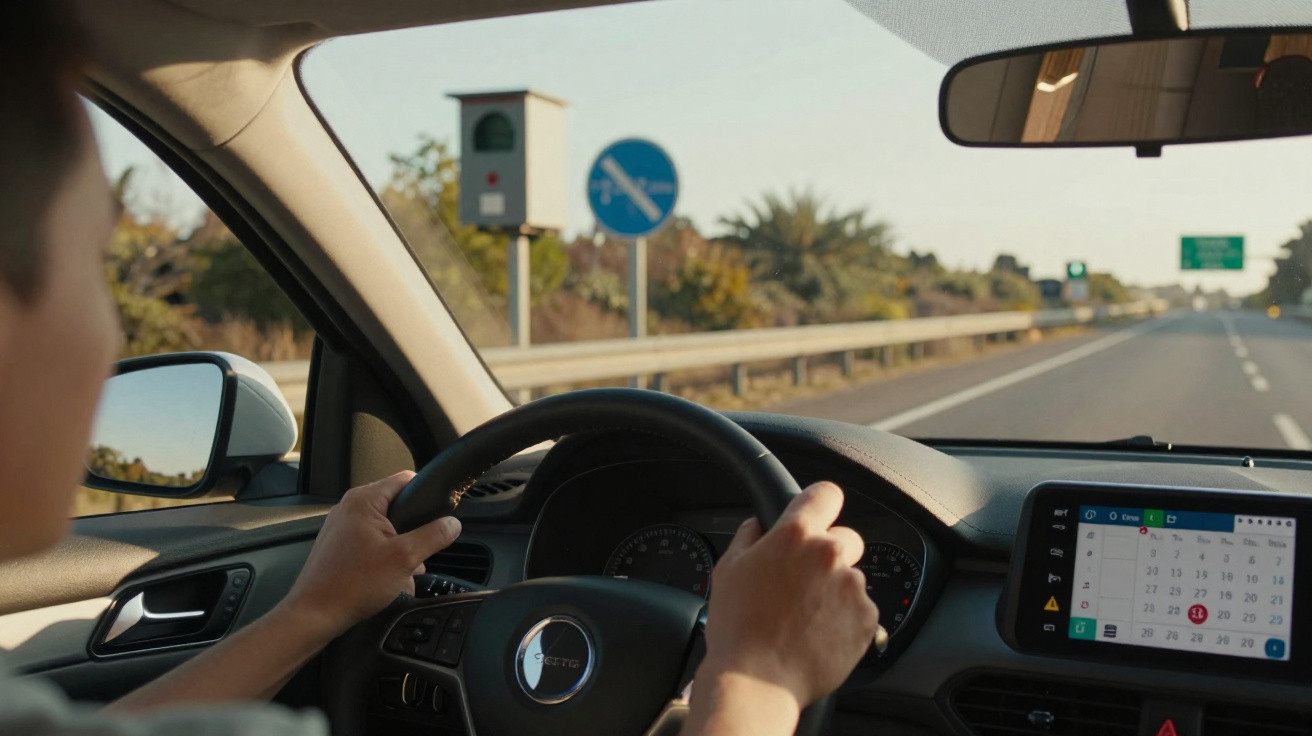 Pessoa a conduzir um carro numa autoestrada com sinalização e radar de velocidade visíveis à frente.