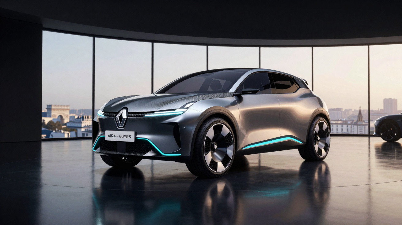 Carro elétrico Renault cinza com design futurista e luzes azuis num showroom moderno com vista urbana.