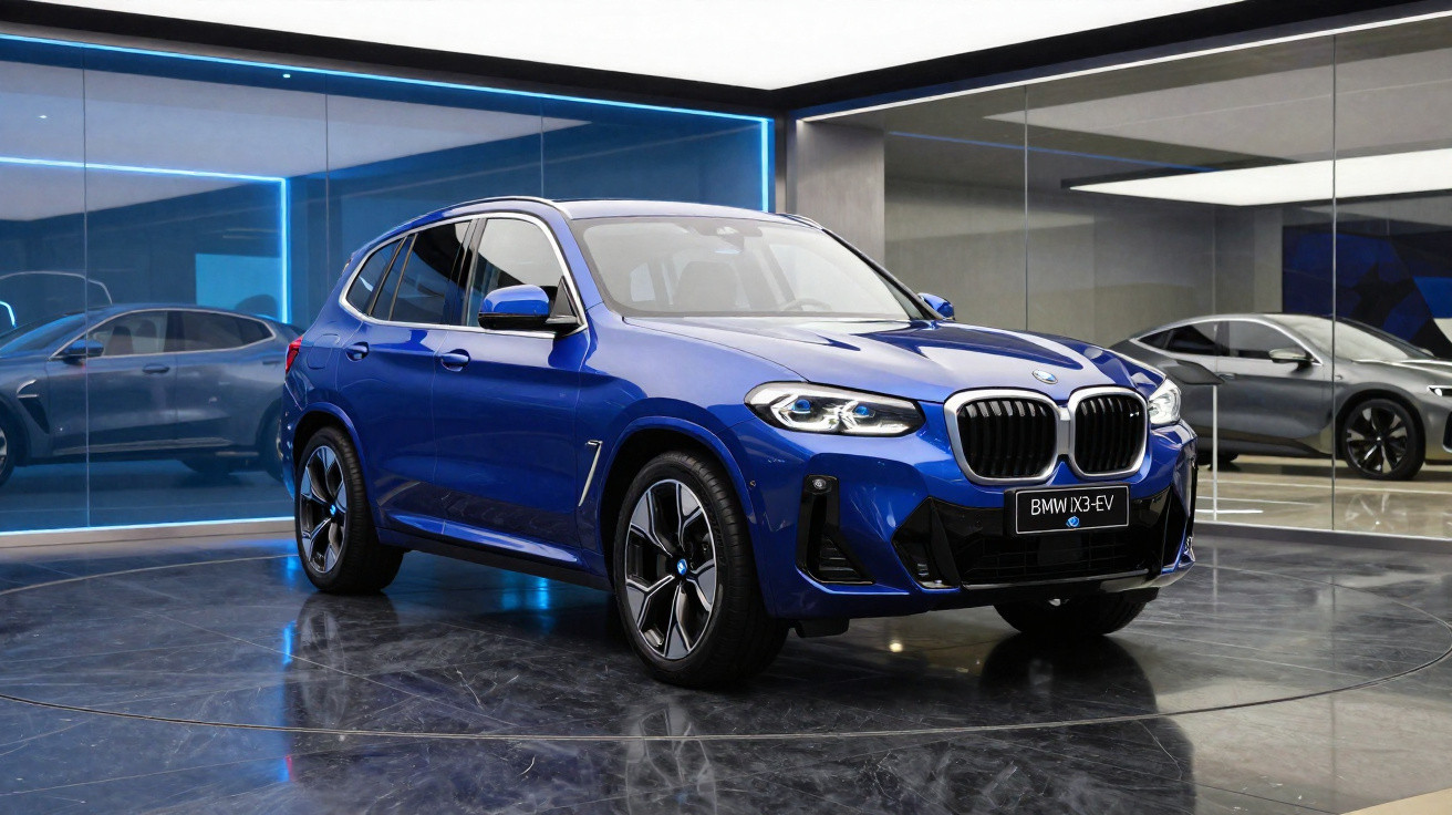 Carro elétrico BMW X3 EV azul numa sala moderna com piso e paredes espelhadas.