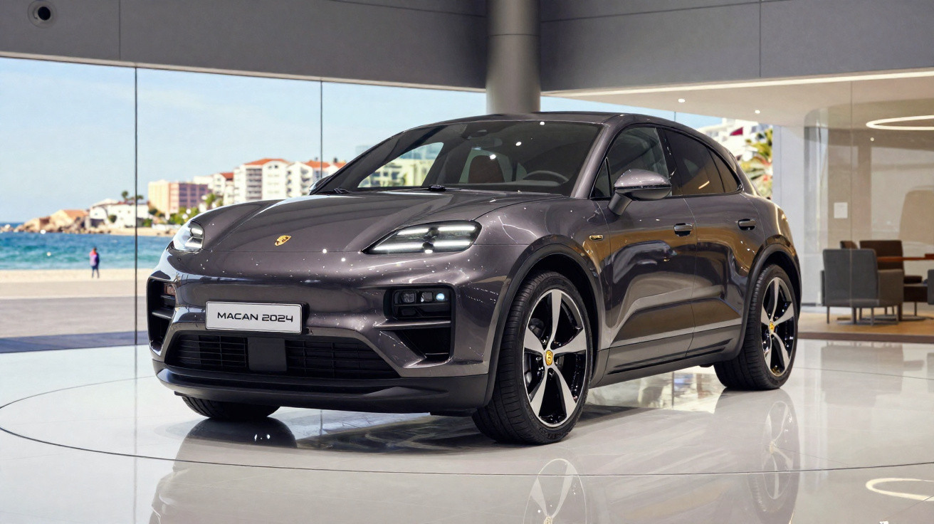Carro Porsche Macan 2024 cinzento exibido numa sala de exposição moderna com janelas grandes para o exterior.