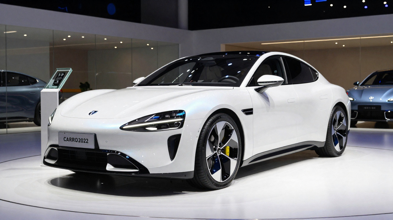 Carro elétrico desportivo branco em exposição com design moderno e rodas aerodinâmicas.