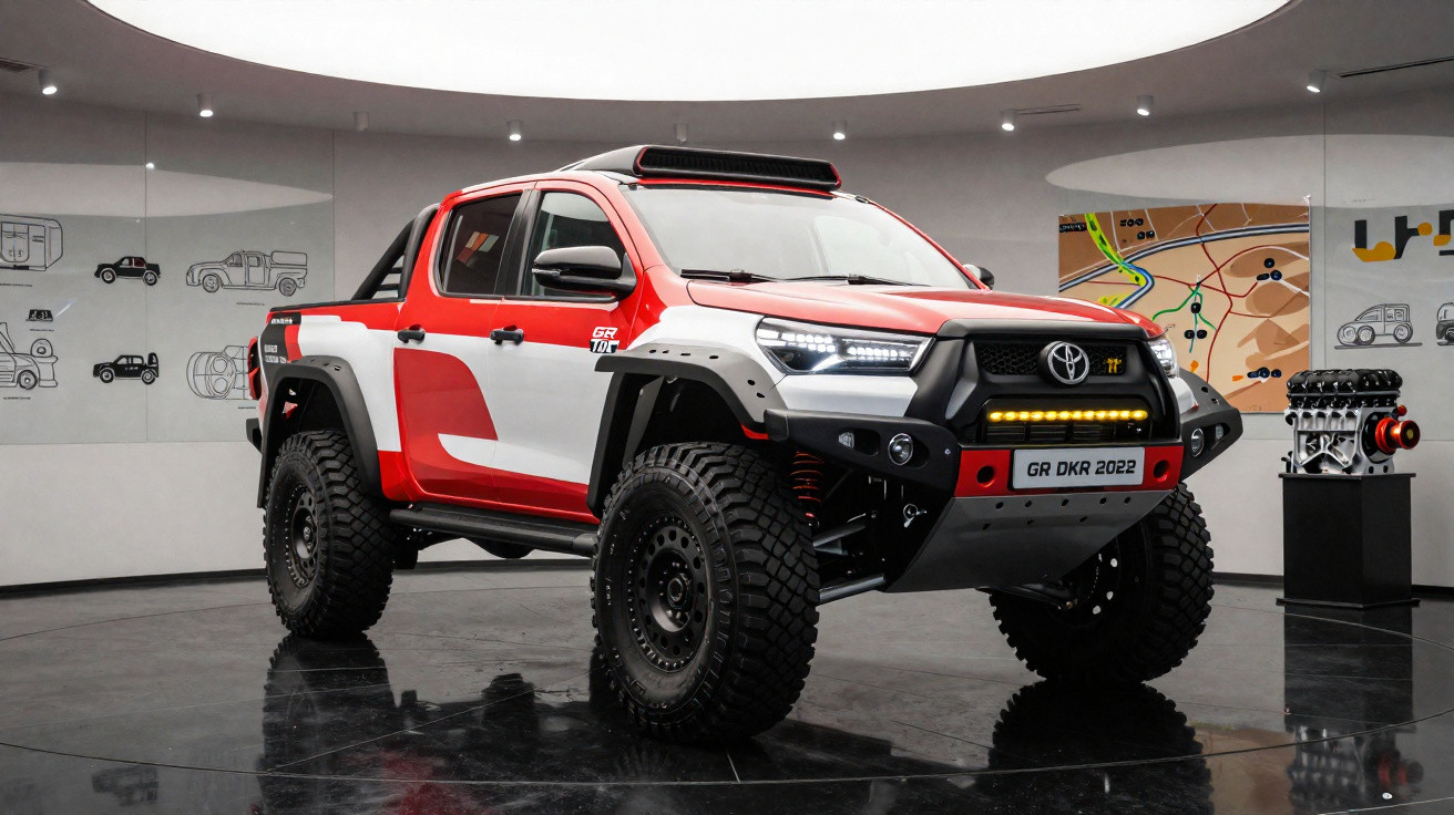 Pick-up Toyota GR DKR 2022 em exposição interna, com pneus robustos e design vermelho e branco.