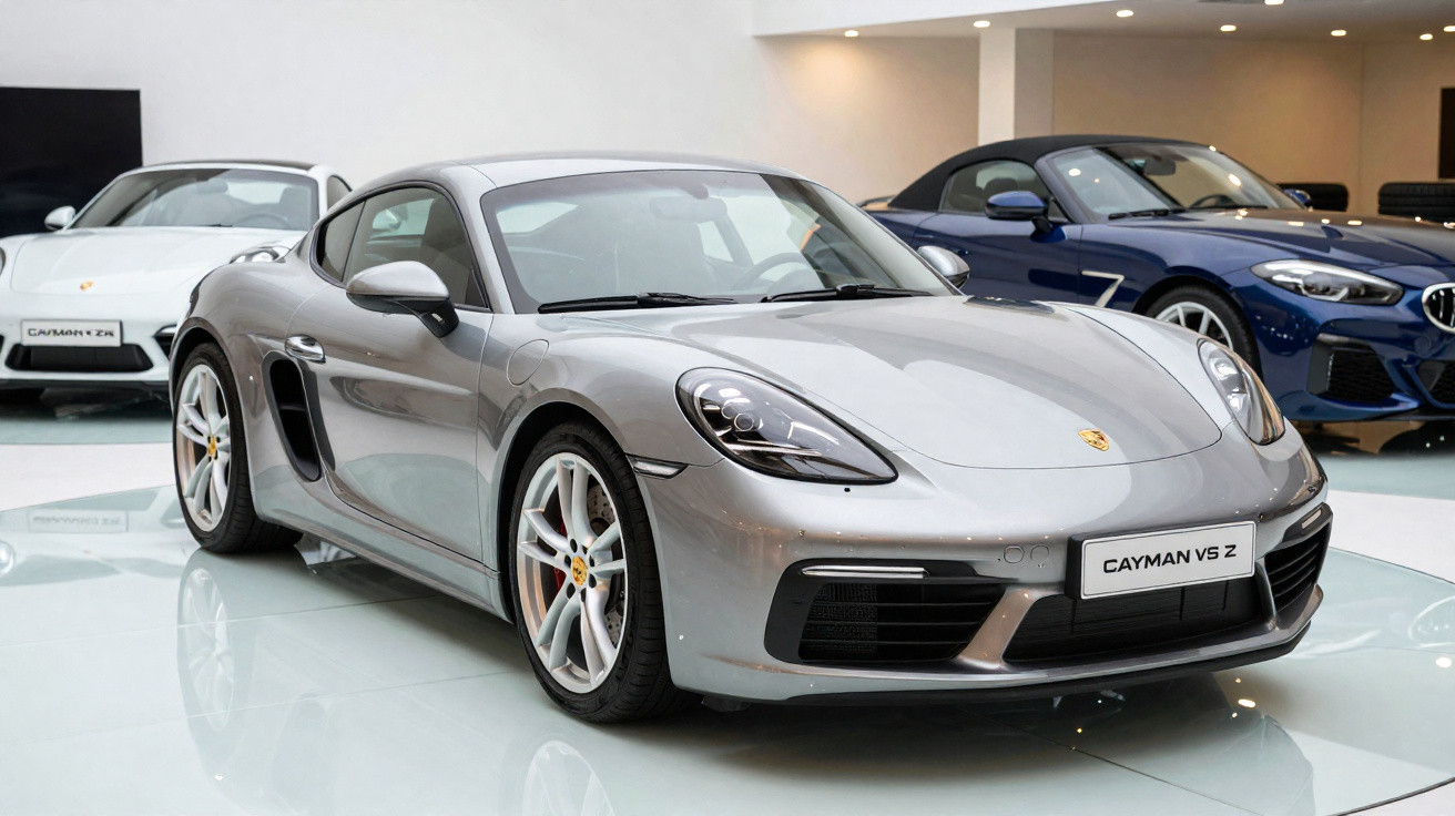Carro desportivo cinza Porsche Cayman VS 2 em exposição num showroom com outros carros ao fundo.