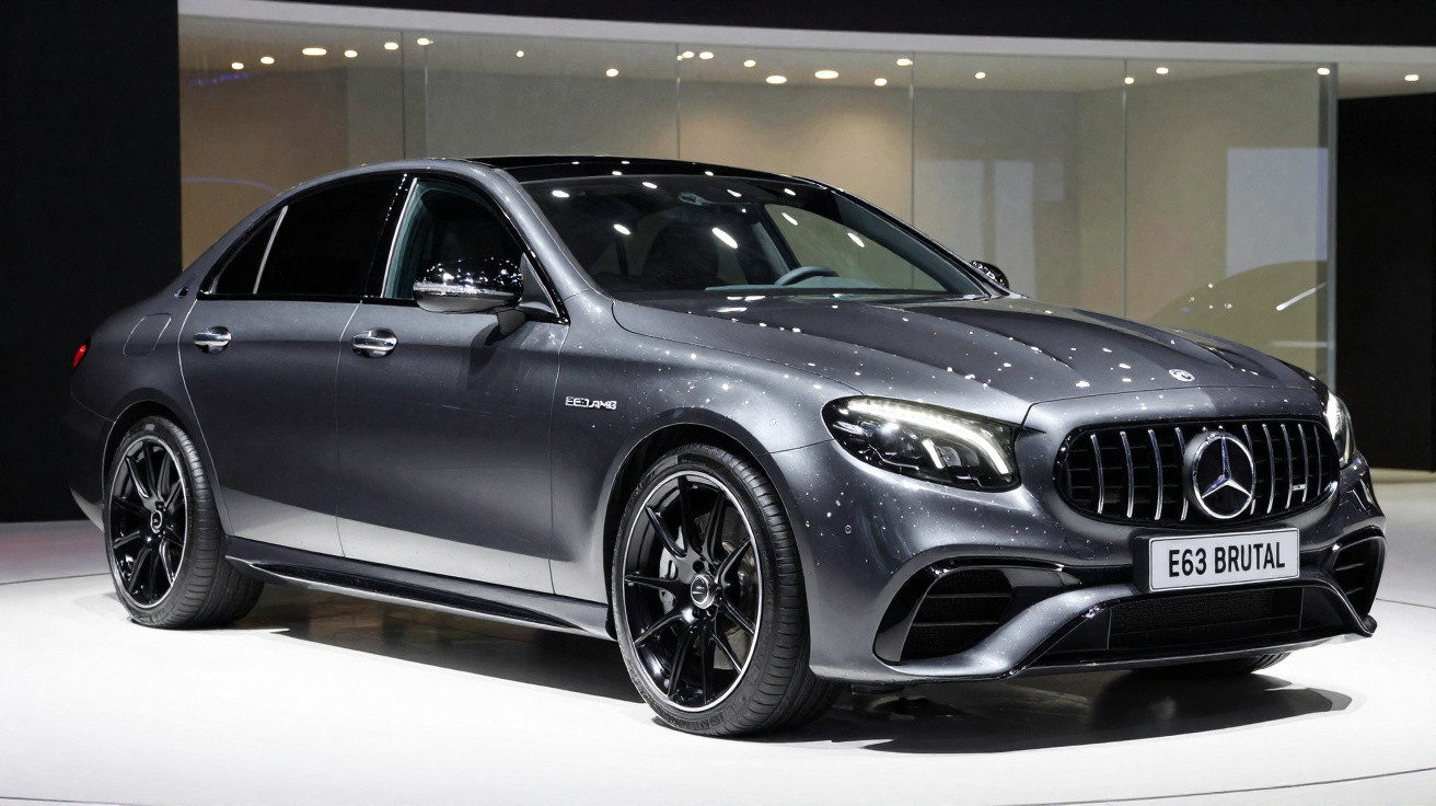Carro desportivo Mercedes-Benz E63 AMG cinza metálico, exibido num stand com iluminação suave.