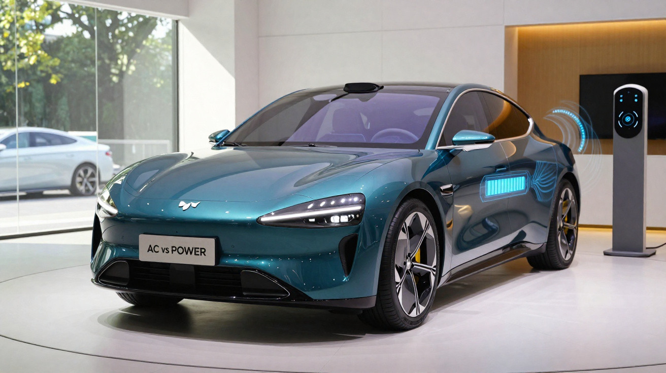 Carro elétrico azul futurista em exposição, ligado a posto de carregamento em ambiente moderno.